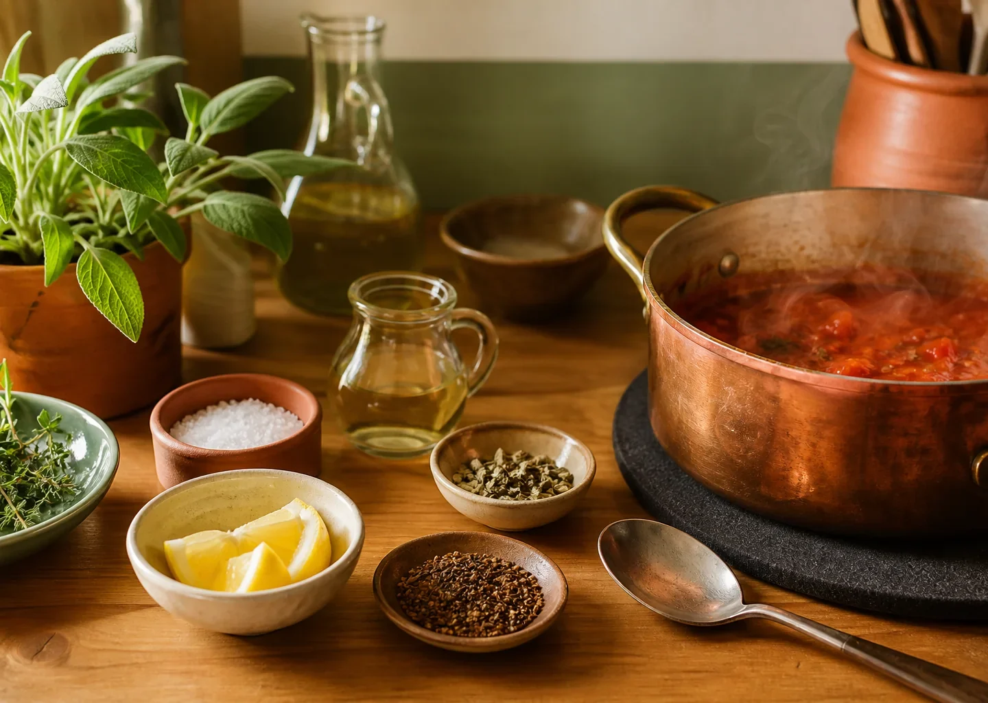 Salz, Zitrone, Kräuter und Gewürze neben einem Topf mit Tomatensauce