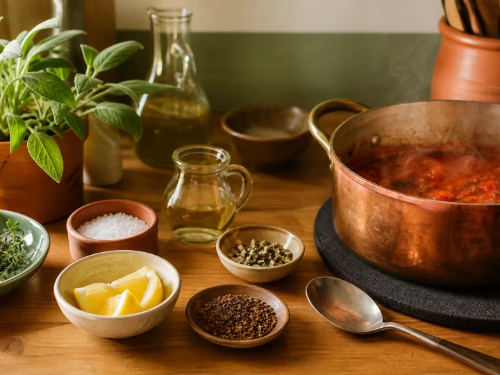 Salz, Zitrone, Kräuter und Gewürze neben einem Topf mit Tomatensauce