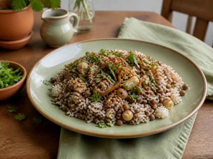 Ägyptisches Koshari, fertig angerichtet auf einem Teller