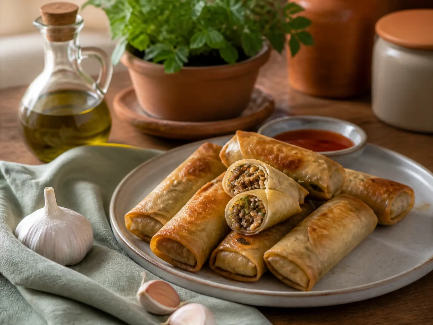 Airfryer-Frühlingsrollen, fertig angerichtet auf einem Teller
