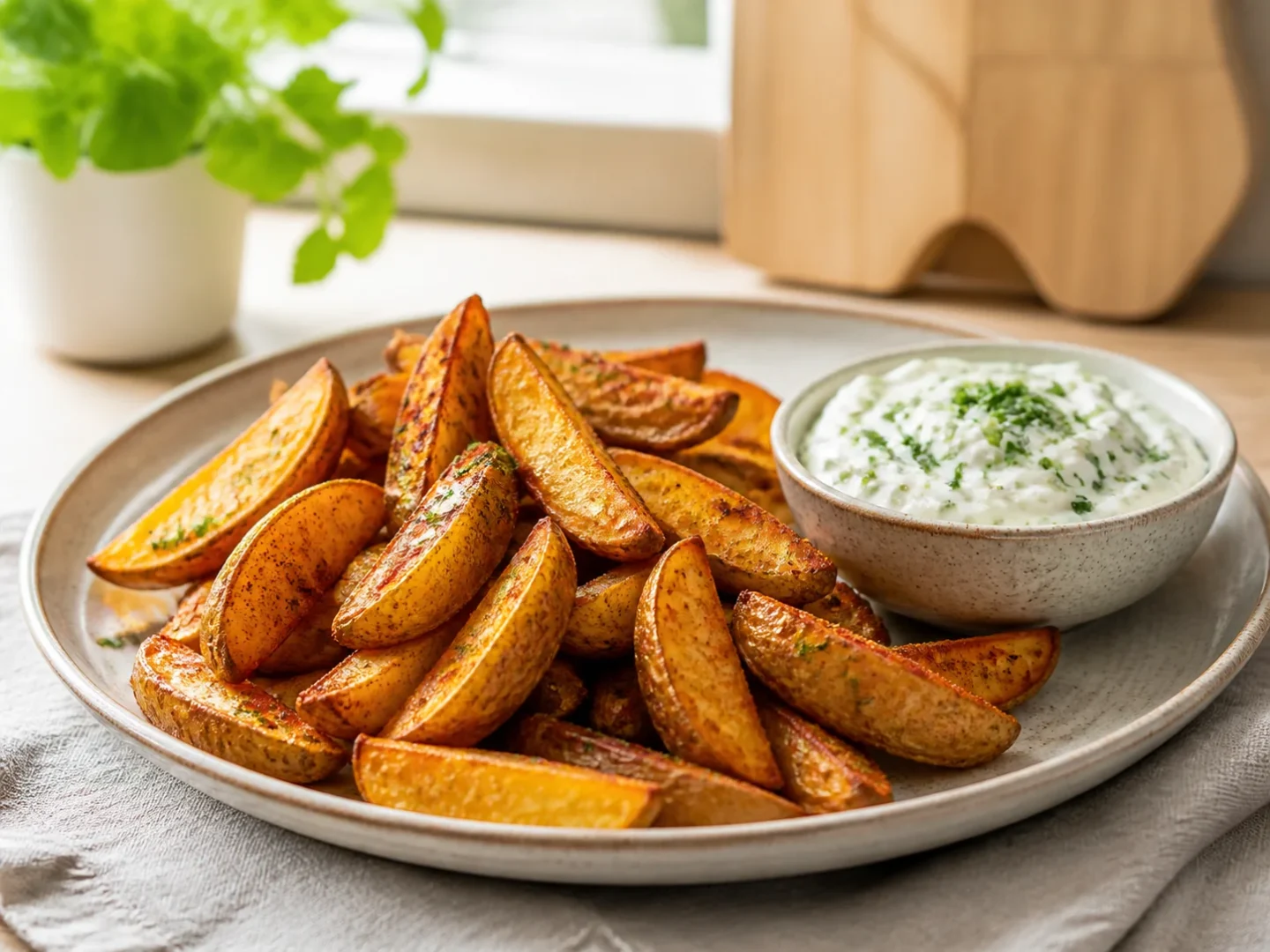 Knusprige Kartoffelspalten aus dem Airfryer mit einer Schale Kräuterquark