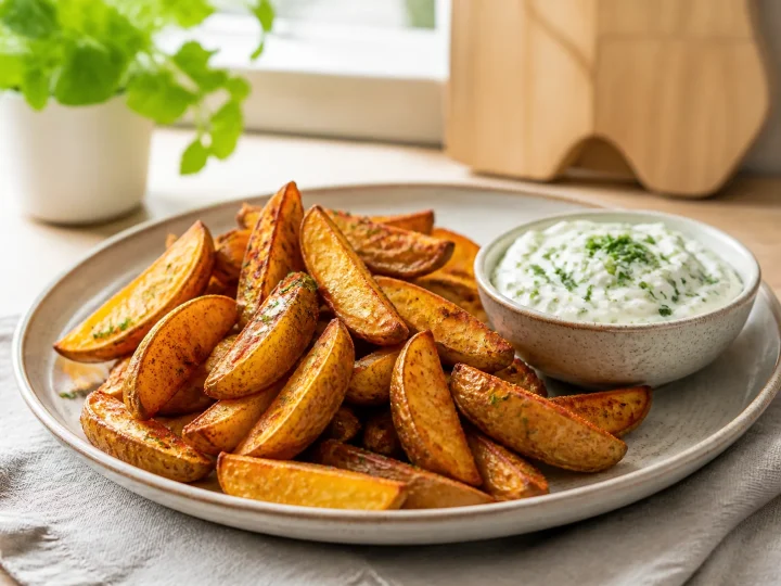 Knusprige Kartoffelspalten aus dem Airfryer mit einer Schale Kräuterquark