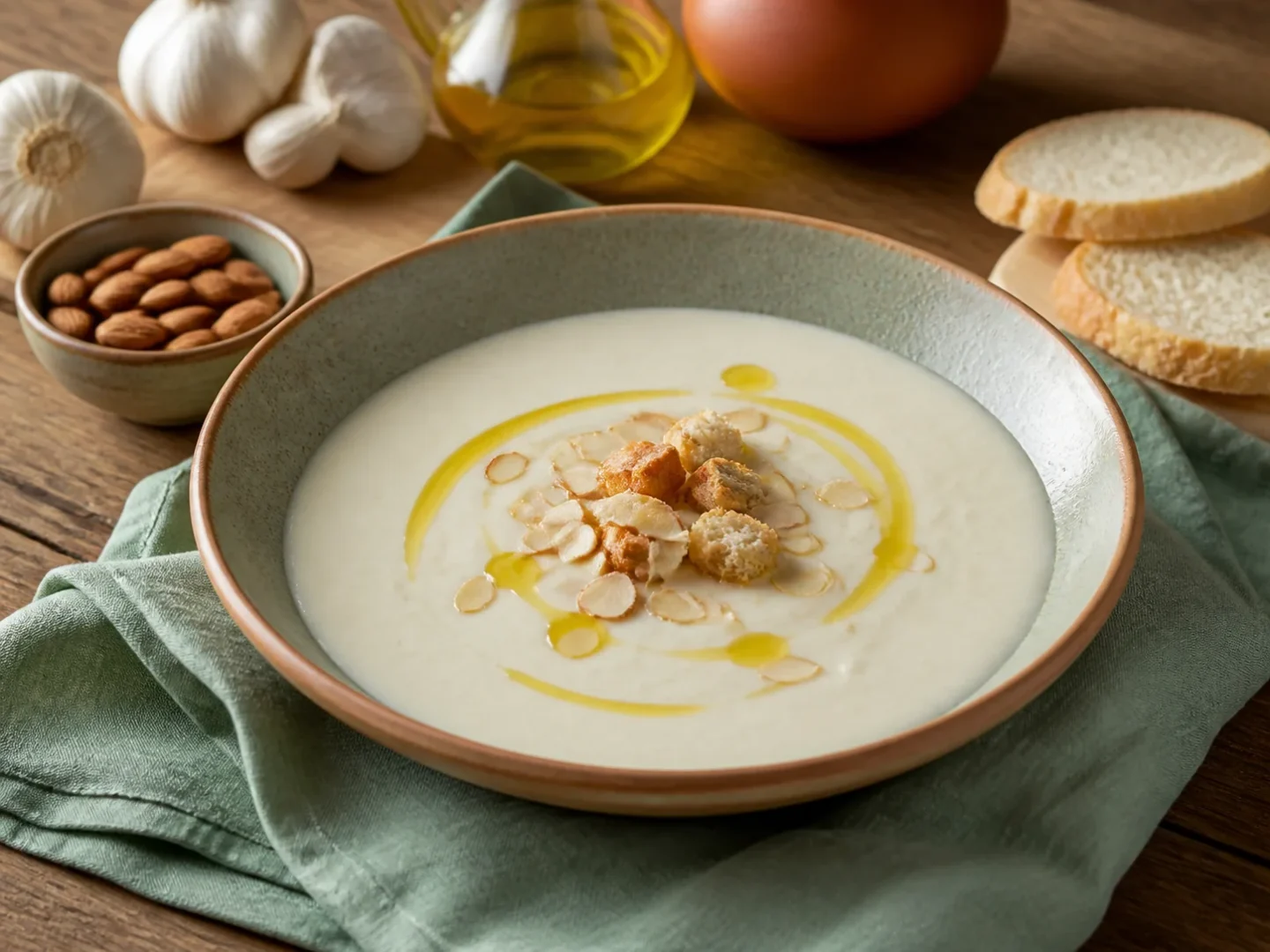 Ajo Blanco Mandel-Knoblauch-Suppe, fertig angerichtet auf einem Teller
