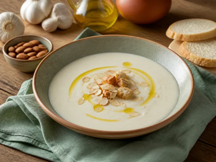 Ajo Blanco Mandel-Knoblauch-Suppe, fertig angerichtet auf einem Teller