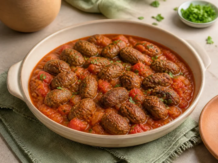 Algerische Kefta aus Rindfleisch in stückiger Tomatensauce