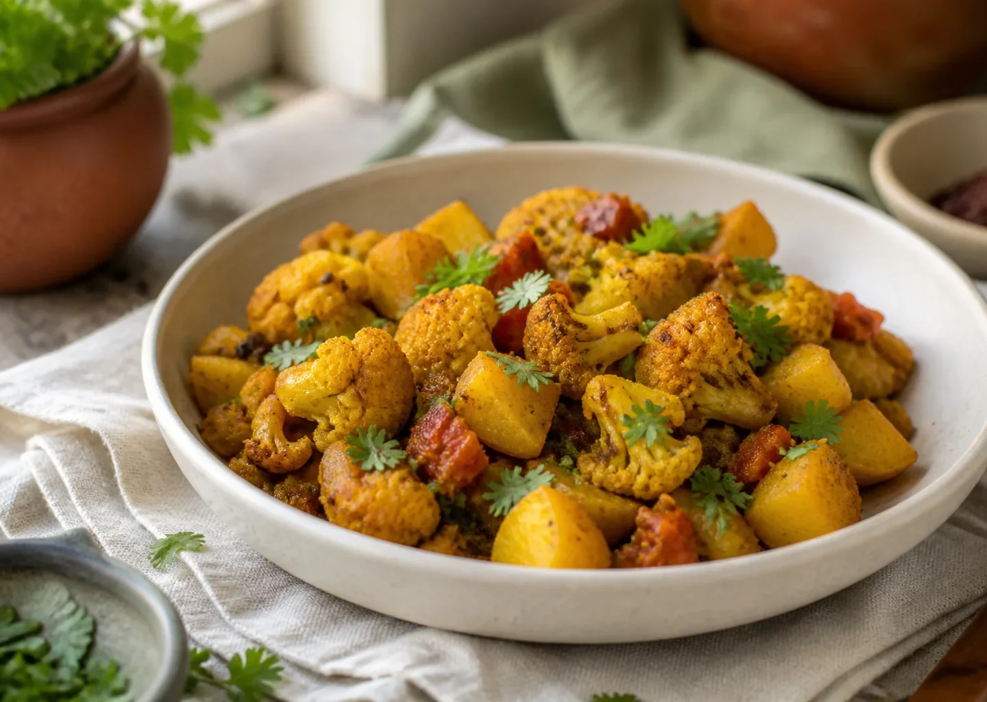 Aloo Gobi mit goldenen Kartoffeln, Blumenkohl, Tomaten und Koriander