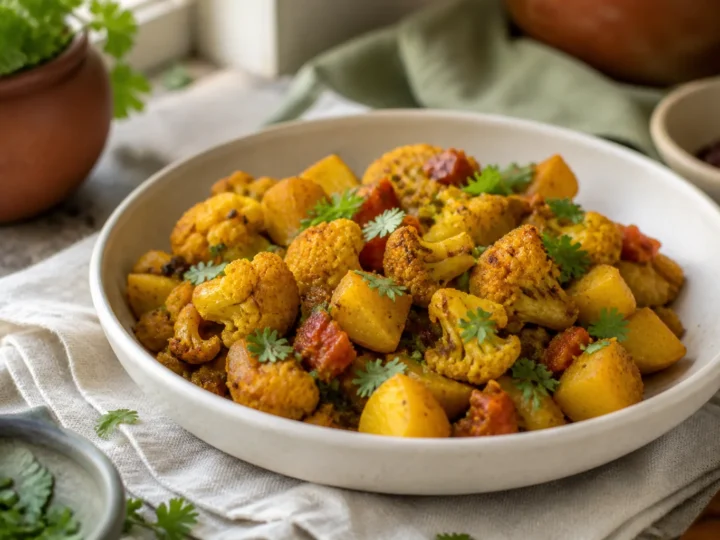 Aloo Gobi mit goldenen Kartoffeln, Blumenkohl, Tomaten und Koriander