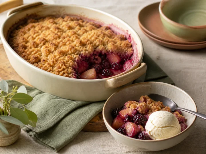Apfel-Brombeer-Crumble mit goldenen Streuseln und Vanilleeis