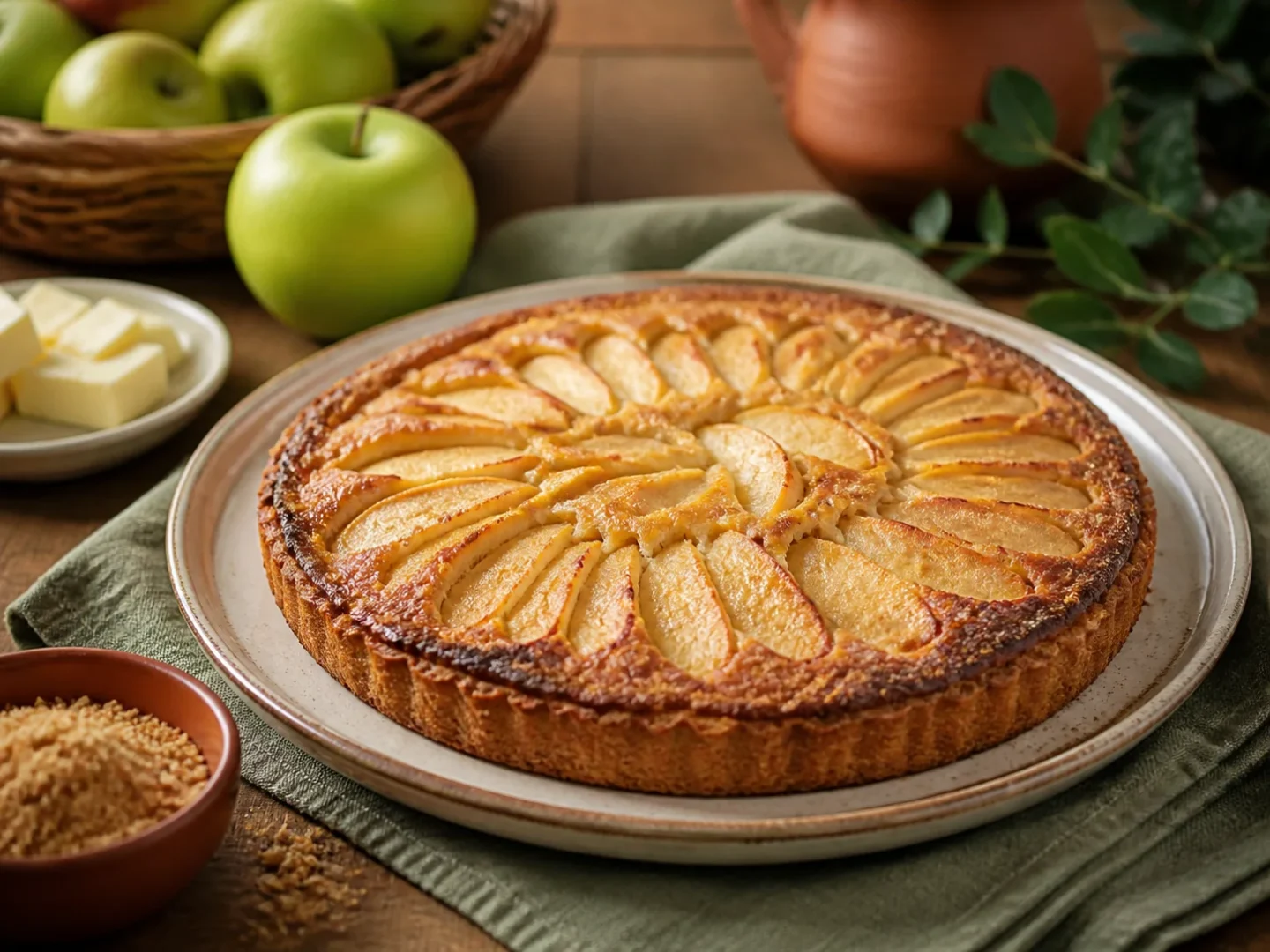 Apfel-Frangipane-Tarte, fertig angerichtet auf einem Teller