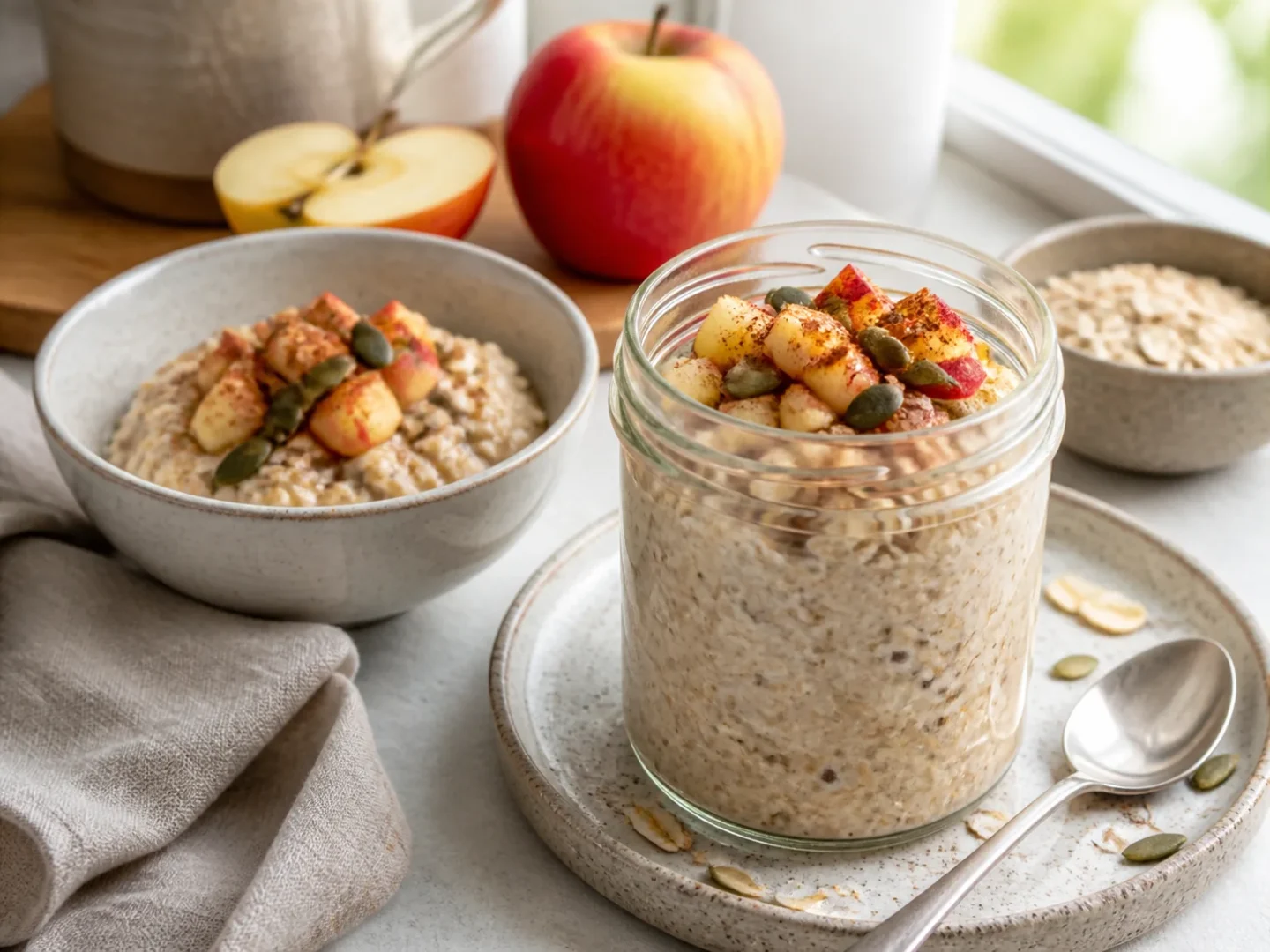 Cremige Apfel-Zimt Overnight Oats mit Apfelstücken und Kürbiskernen im Glas