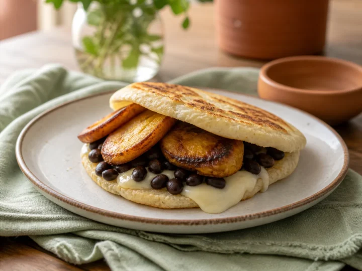 Arepa Pabellón, fertig angerichtet auf einem Teller