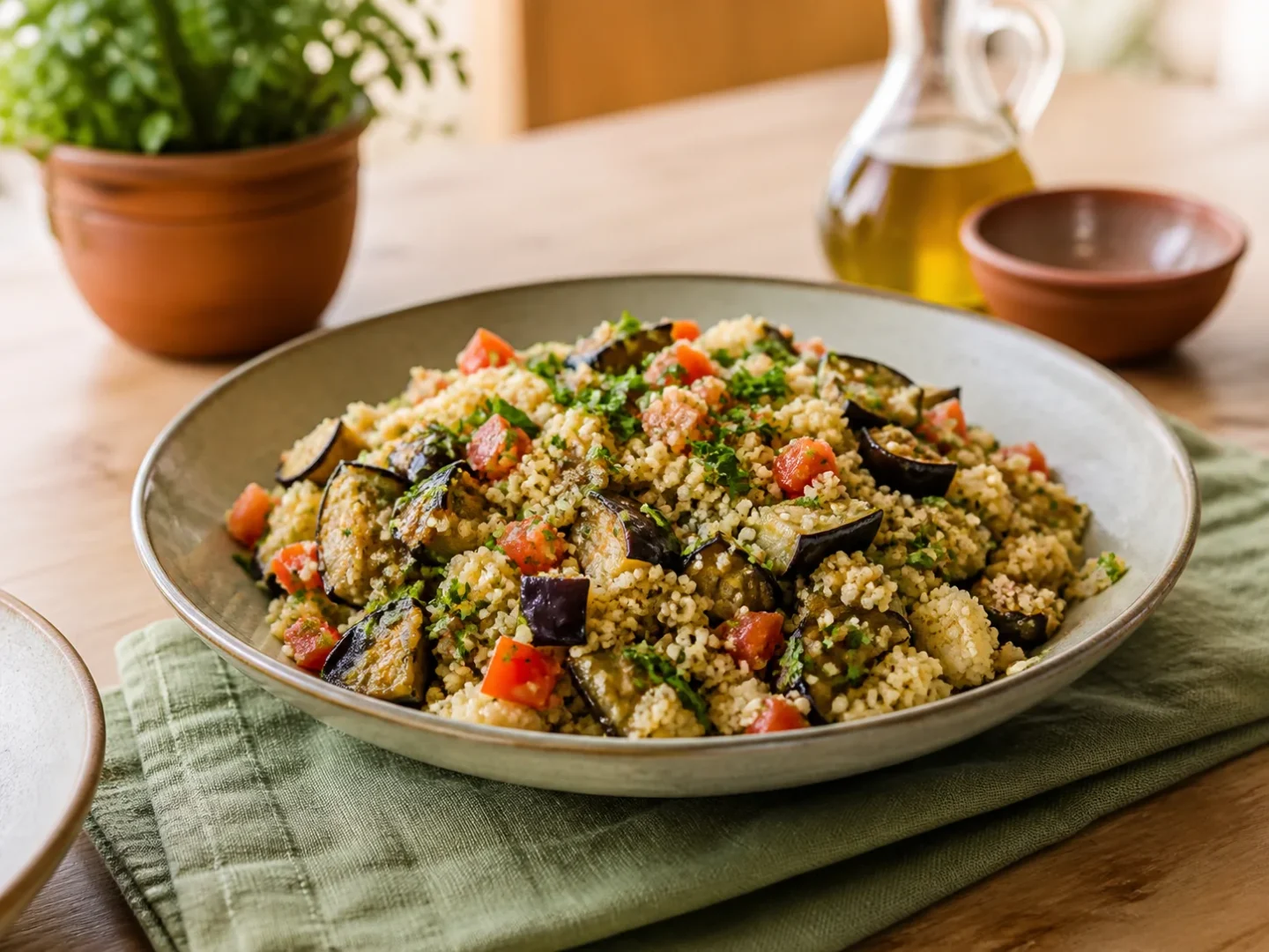 Auberginen-Couscous-Salat, fertig angerichtet auf einem Teller