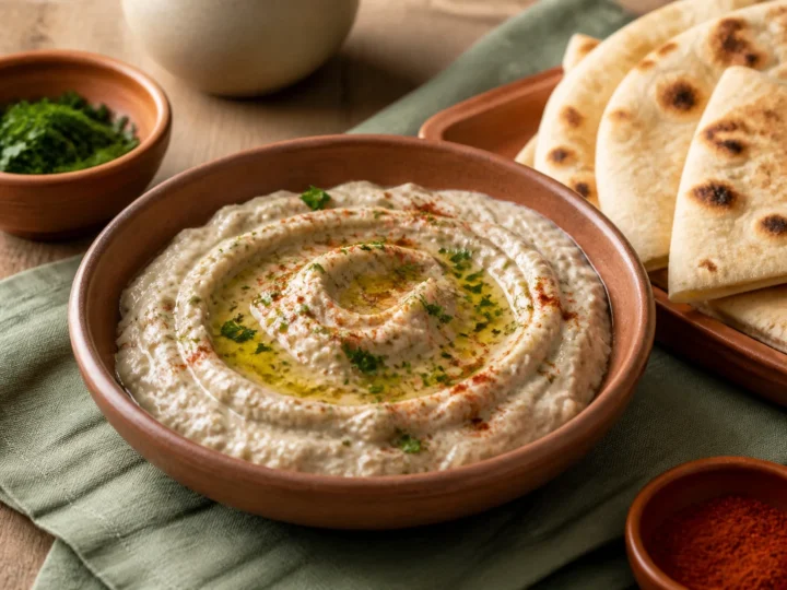 Rauchiges Baba Ghanoush mit Olivenöl, Petersilie und Fladenbrot