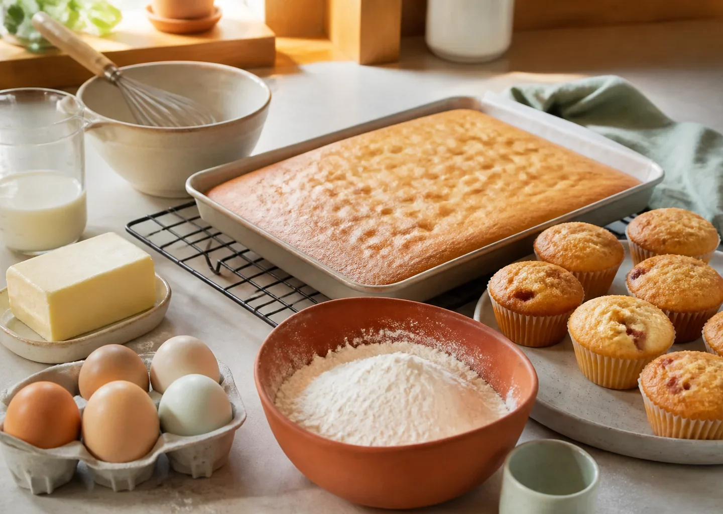 Backzutaten neben goldenem Blechkuchen und frisch gebackenen Muffins