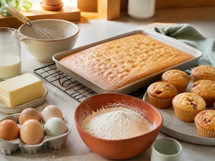 Backzutaten neben goldenem Blechkuchen und frisch gebackenen Muffins