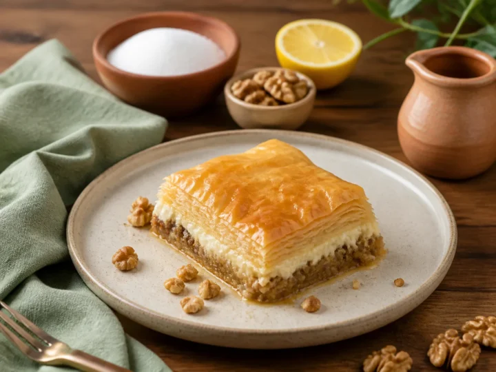 Baklava mit Gewürznüssen und Ricotta, fertig angerichtet auf einem Teller