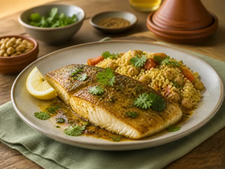 Barramundi mit marokkanischen Gewürzen, fertig angerichtet auf einem Teller