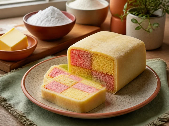 Battenberg-Kuchen, fertig angerichtet auf einem Teller