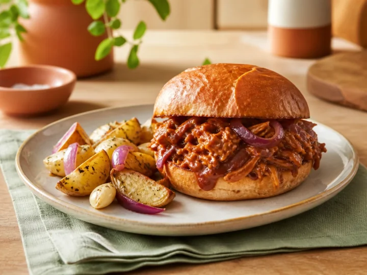 BBQ Pork Sloppy Joes, fertig angerichtet auf einem Teller