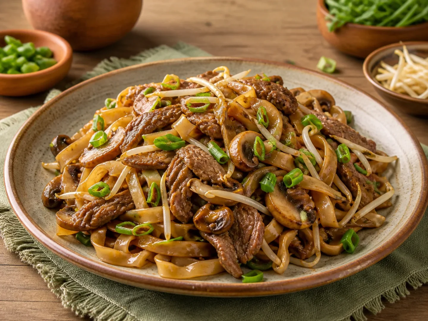 Beef Lo Mein mit Rindfleisch, breiten Nudeln, Pilzen und Sojasprossen