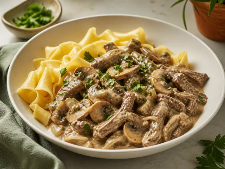 Beef Stroganoff mit Rindfleischstreifen, Champignons und Bandnudeln