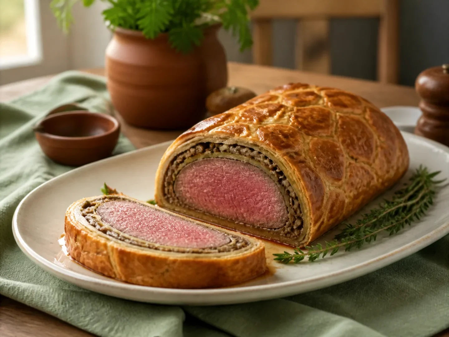 Beef Wellington, fertig angerichtet auf einem Teller