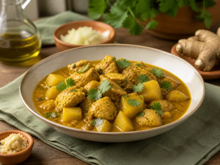 Bengalisches Hähnchen-Kartoffel-Curry, fertig angerichtet auf einem Teller
