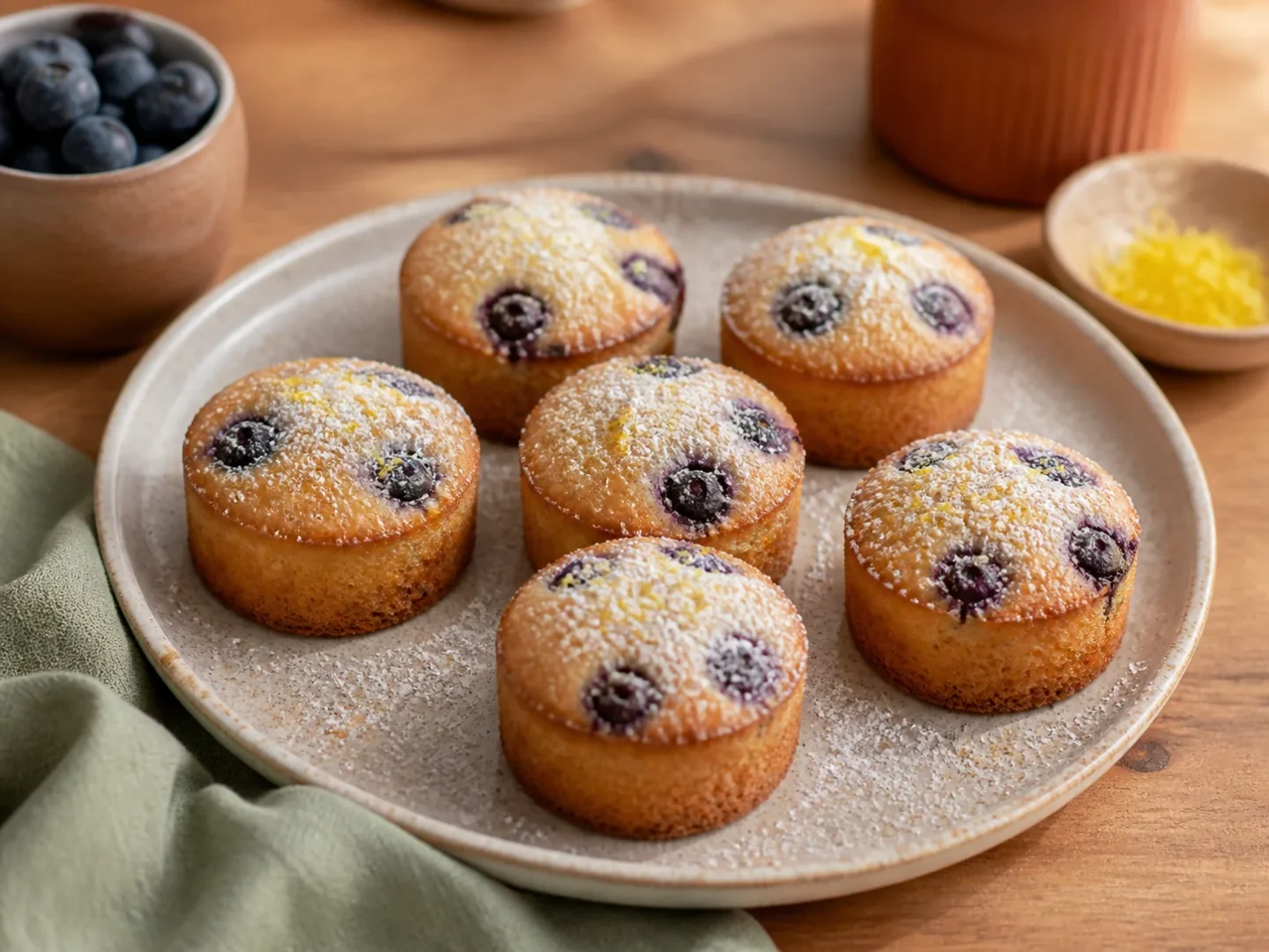 Blaubeer-Zitronen-Friands mit Puderzucker und Zitronenabrieb