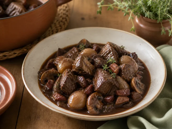 Boeuf Bourguignon mit Rindfleisch, Champignons, Schalotten und Speck