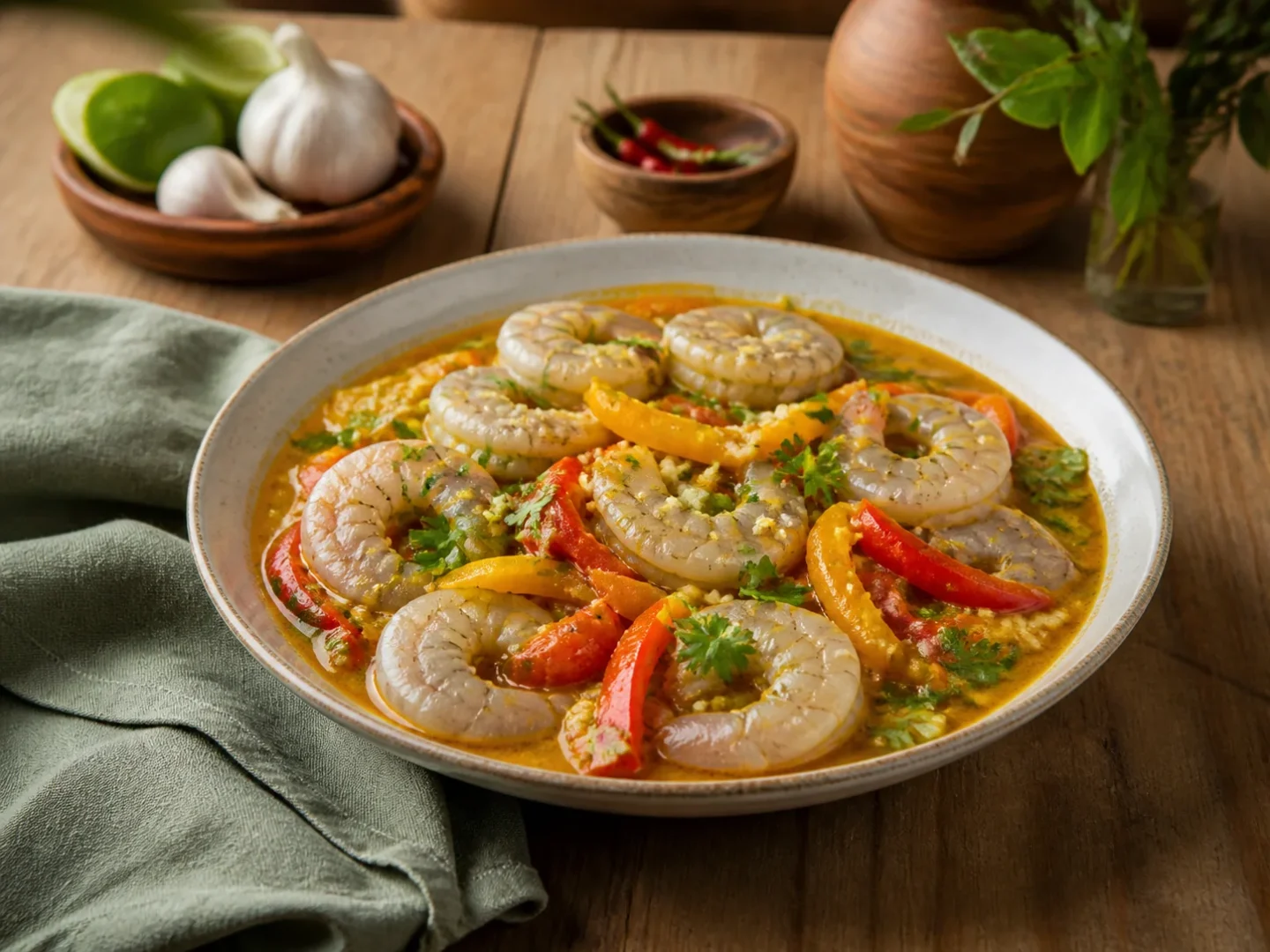 Brasilianische Moqueca mit Garnelen, fertig angerichtet auf einem Teller