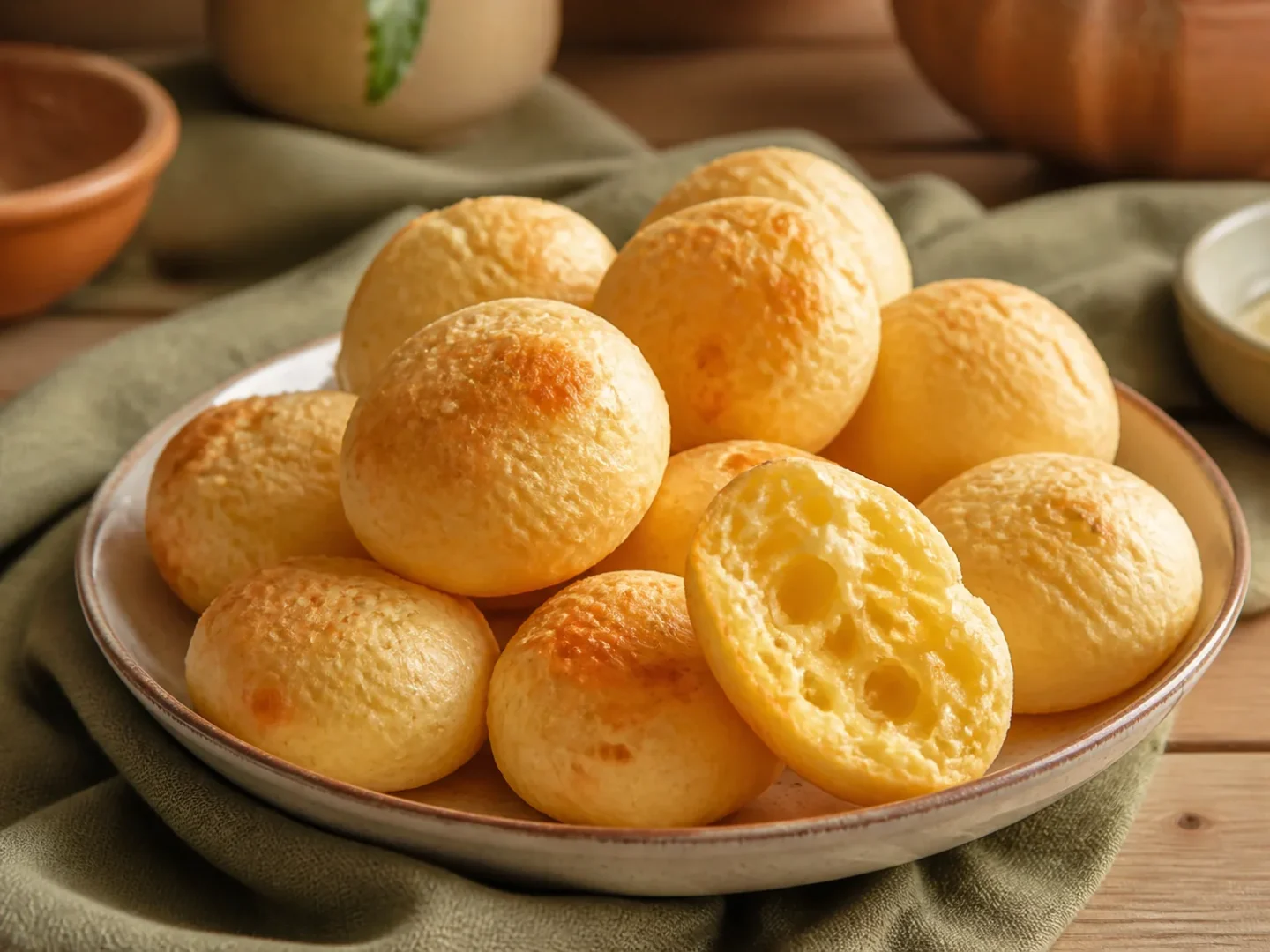 Brasilianisches Pão de Queijo als goldene Käsebrötchen mit luftiger Mitte