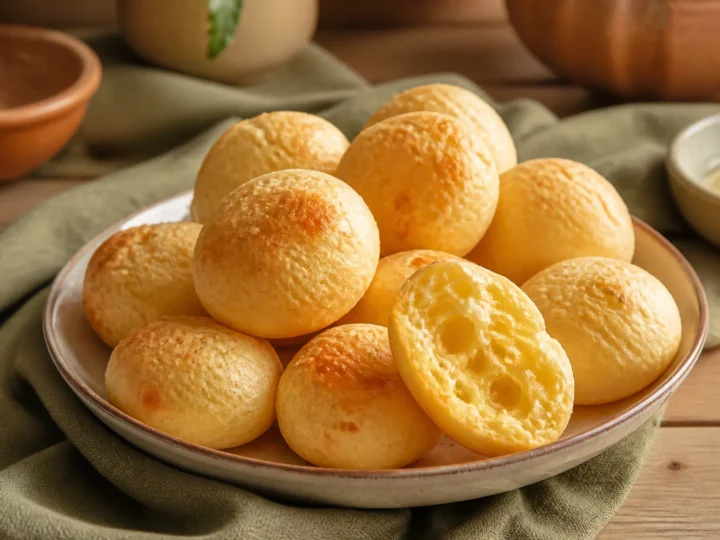 Brasilianisches Pão de Queijo als goldene Käsebrötchen mit luftiger Mitte