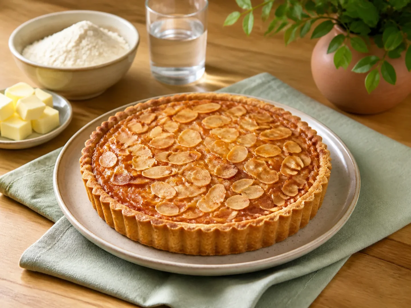 Britische Bakewell-Tarte, fertig angerichtet auf einem Teller