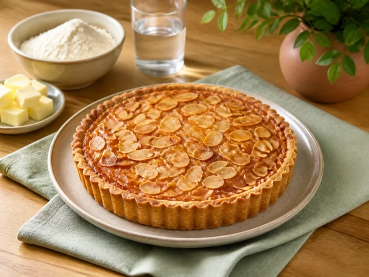 Britische Bakewell-Tarte, fertig angerichtet auf einem Teller