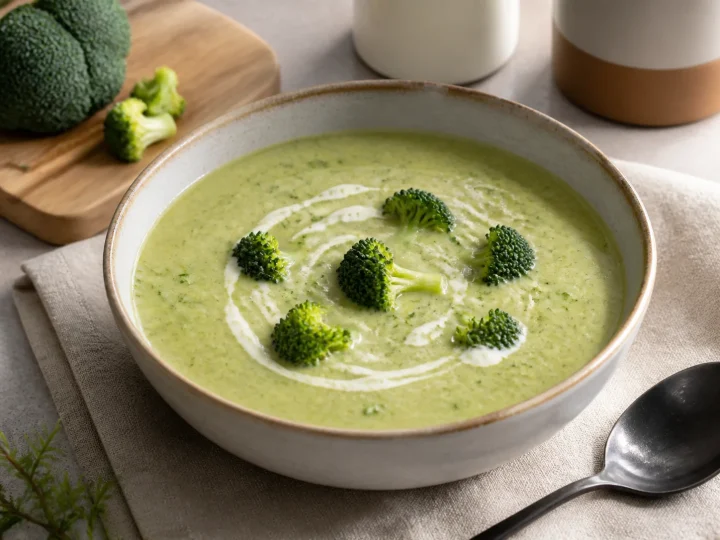 Cremige Brokkolisuppe mit kleinen Brokkoliröschen in einer hellen Schale