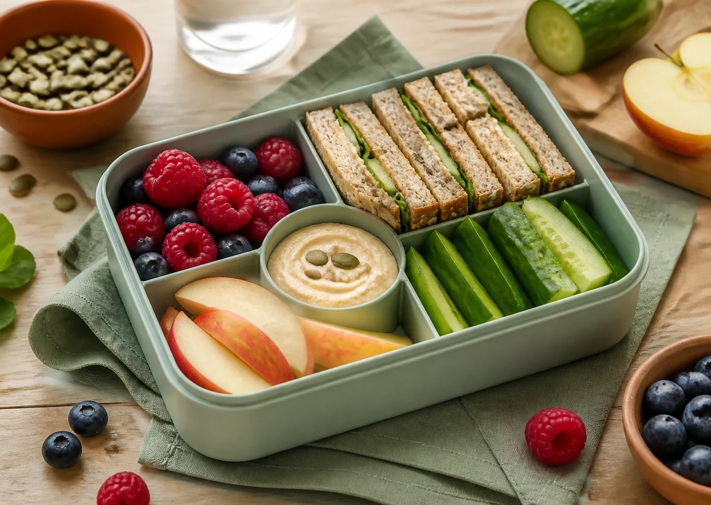 Gefüllte Brotdose mit Sandwiches, Beeren, Gurke, Apfel und Dip