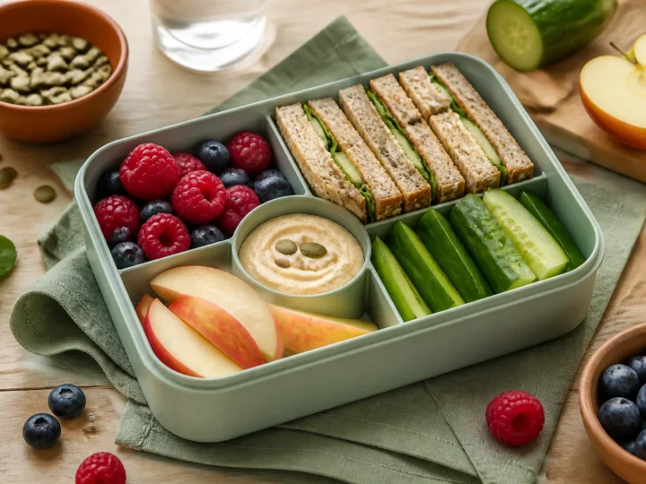Gefüllte Brotdose mit Sandwiches, Beeren, Gurke, Apfel und Dip