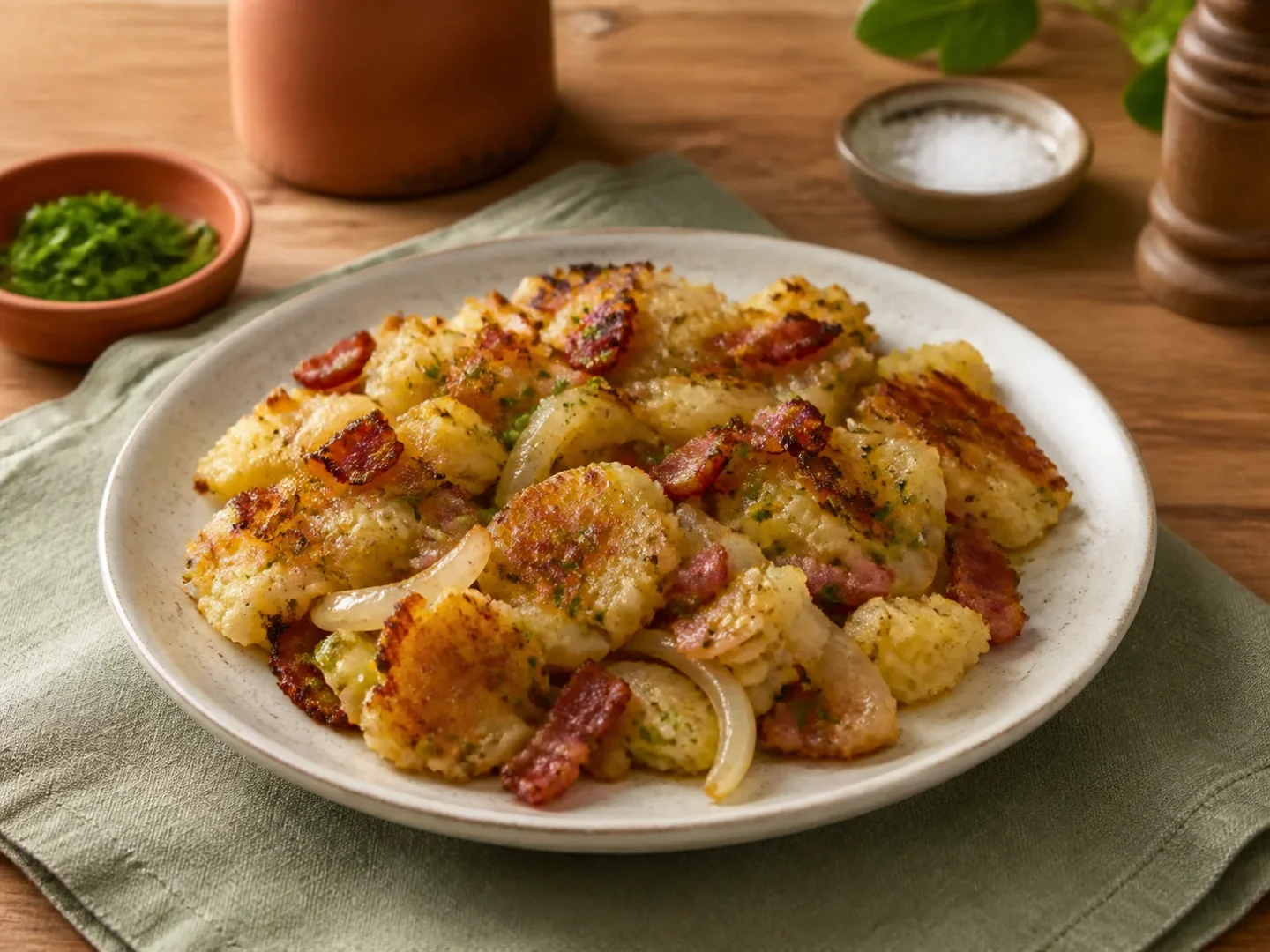 Bubble and Squeak Kartoffelpfanne, fertig angerichtet auf einem Teller