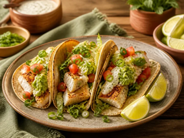 Cajun-Fischtacos mit weißem Fisch, Avocado, Salat, Salsa und Zitronencreme