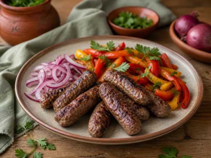 Gegrillte Ćevapi mit Paprikasalat, roten Zwiebeln und Petersilie