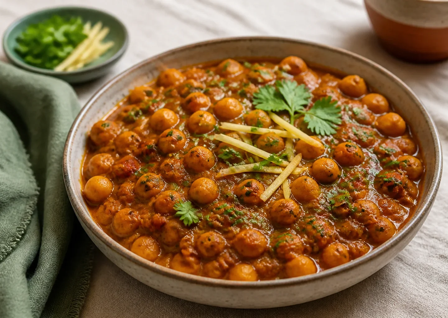 Chana Masala mit Kichererbsen, Tomaten und frischem Koriander in einer Schale