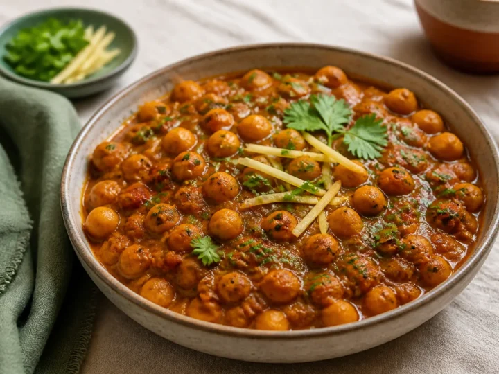 Chana Masala mit Kichererbsen, Tomaten und frischem Koriander in einer Schale