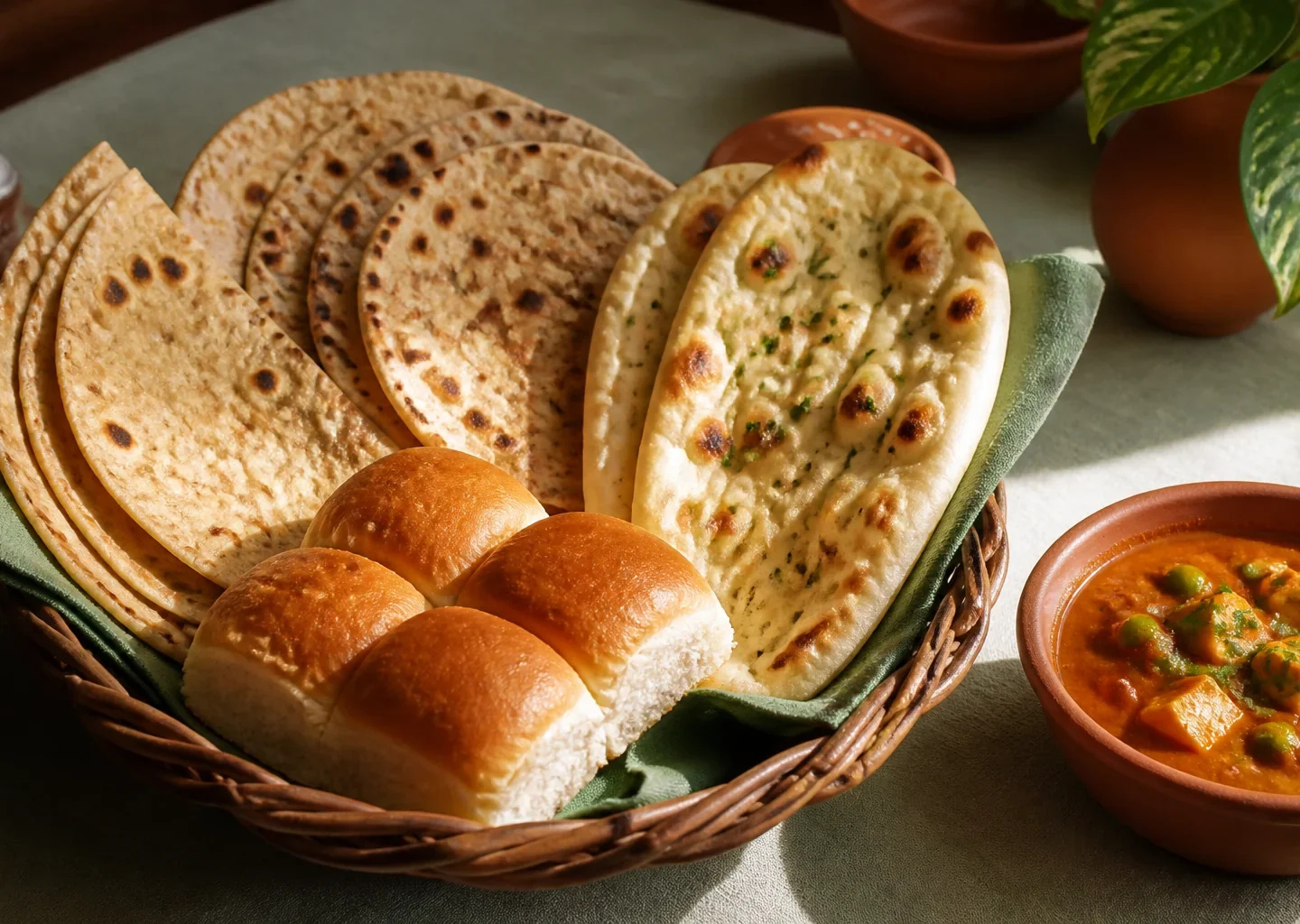 Chapati, Roti, Naan und Pav gemeinsam in einem Brotkorb mit Curry