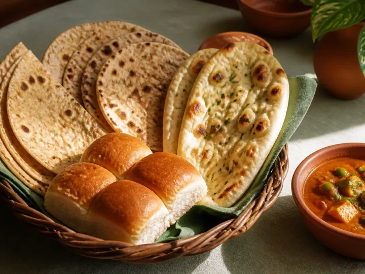 Chapati, Roti, Naan und Pav gemeinsam in einem Brotkorb mit Curry