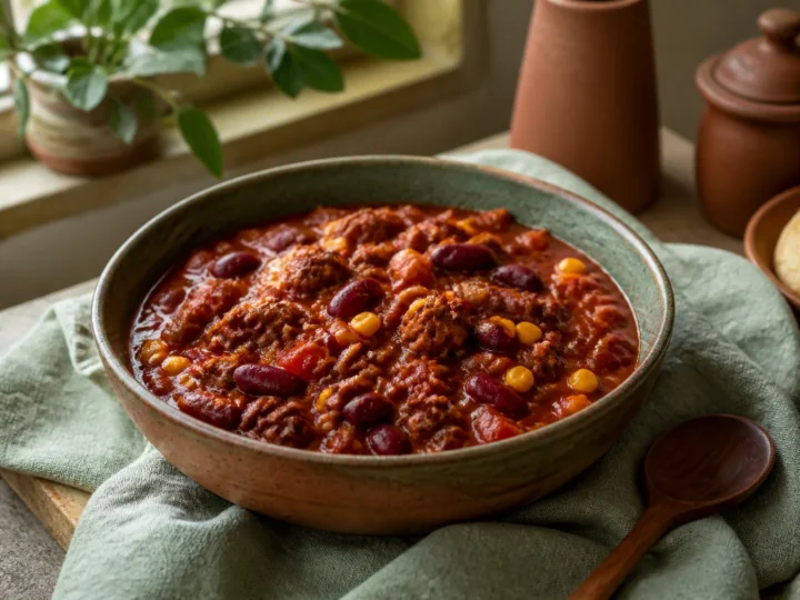 Sämiges Chili con Carne mit Hackfleisch, Kidneybohnen, Mais und Kräutern
