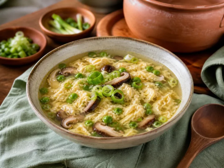 Chinesische Eiersuppe mit Eierfäden, Erbsen, Pilzen und Frühlingszwiebeln