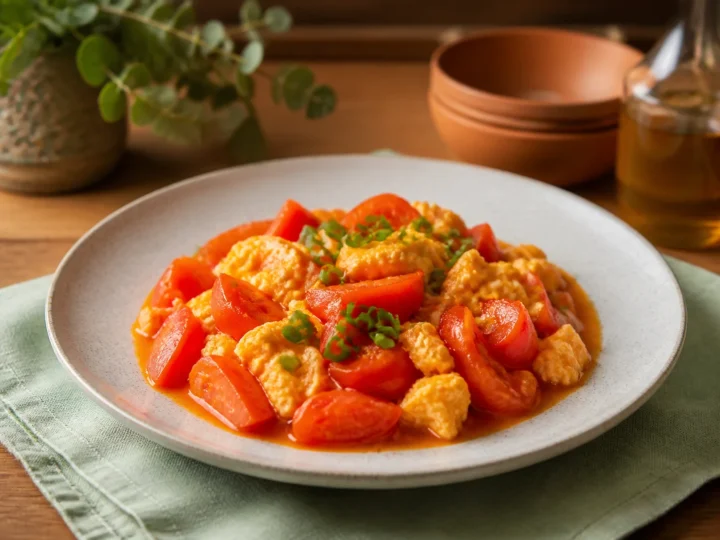 Chinesische Tomaten-Eier-Pfanne, fertig angerichtet auf einem Teller