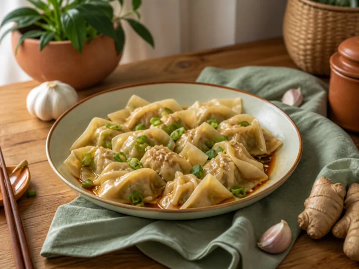 Chinesische Wontons, fertig angerichtet auf einem Teller