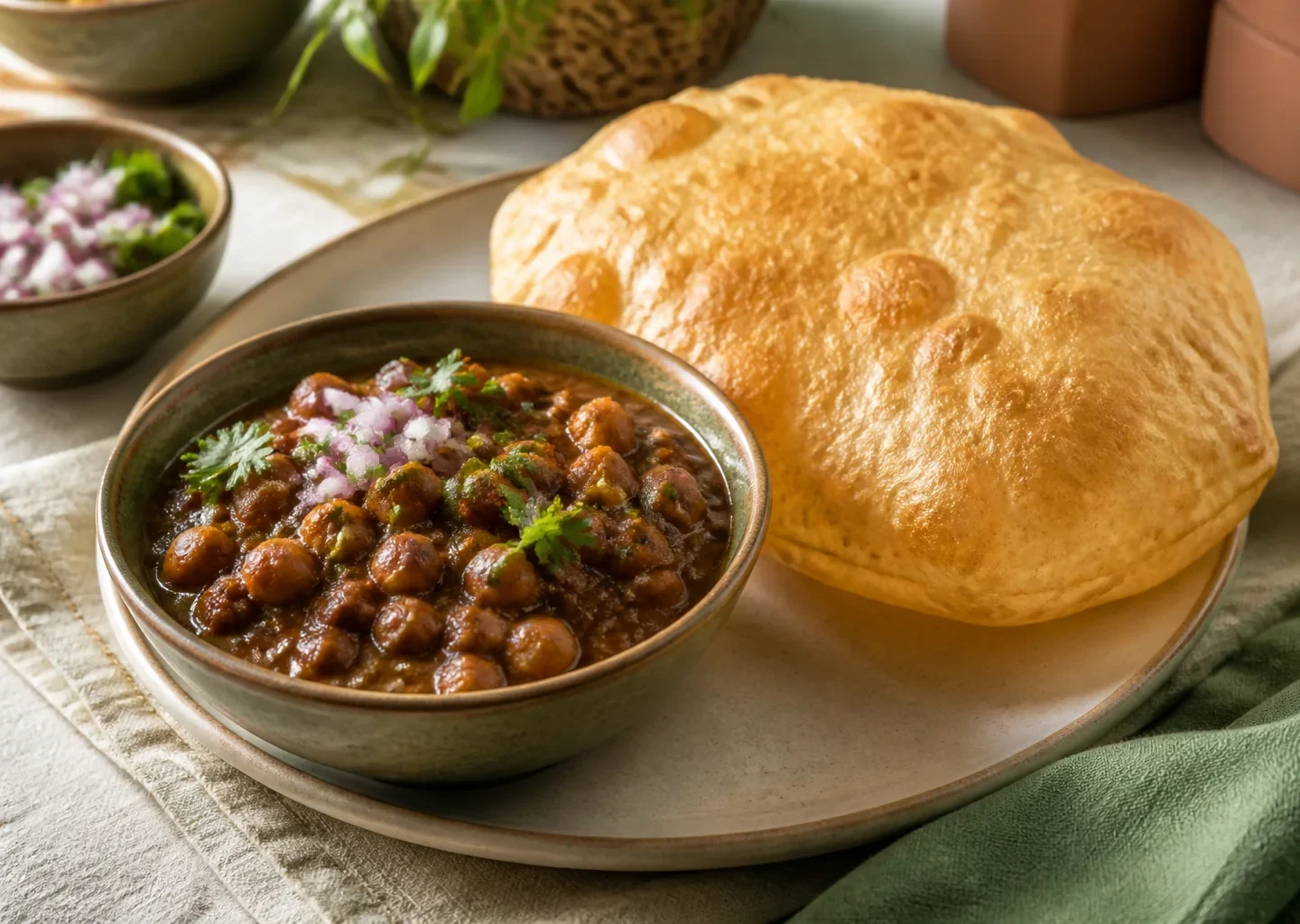 Chole Bhature mit würzigem Kichererbsencurry und aufgegangenem frittiertem Brot