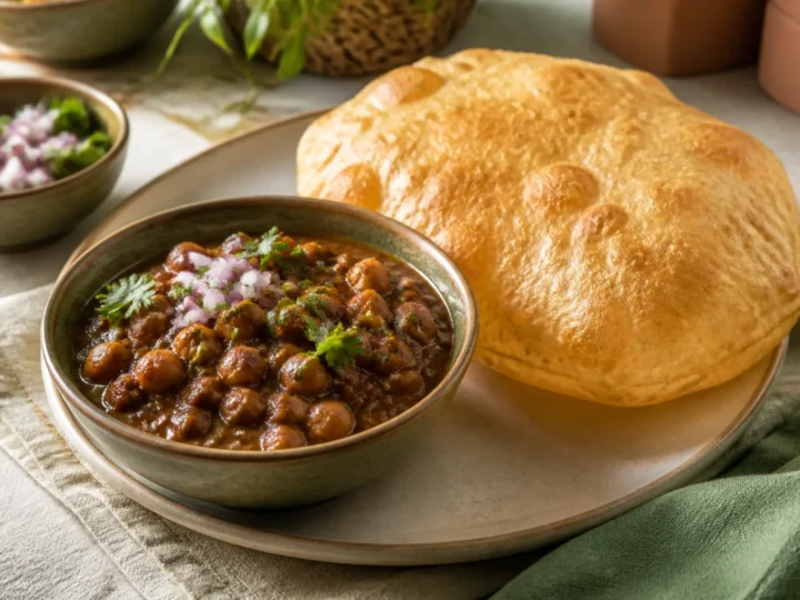 Chole Bhature mit würzigem Kichererbsencurry und aufgegangenem frittiertem Brot